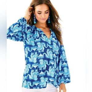 Lilly Pulitzer Martinique Pop-Over Blouse Top Joy Ride Elephants Blue  Medium